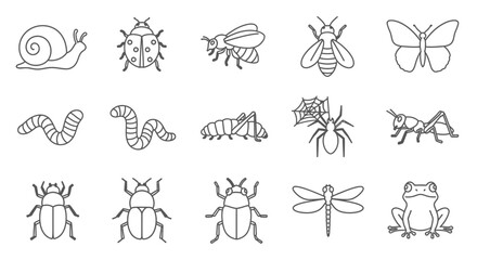 Collection of Outline Insect and Small Animal Icons on Isolated White Background. © yosef