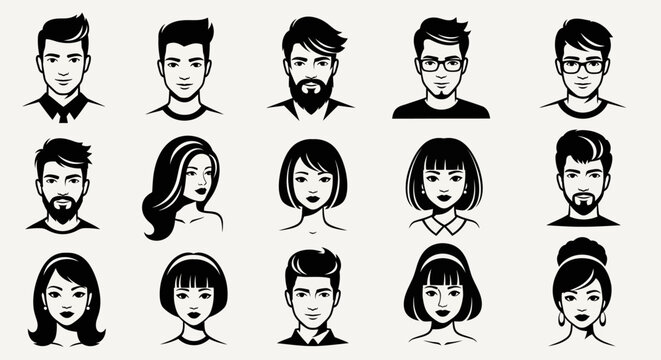 Diverse set of male and female user avatar icons with various hairstyles and facial features, isolated white background.