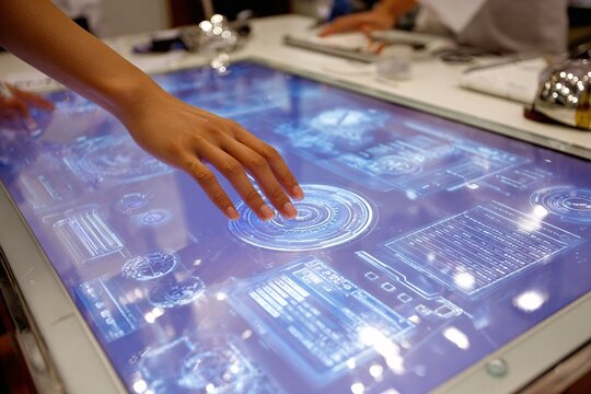 hand pushing button on a touch screen interface