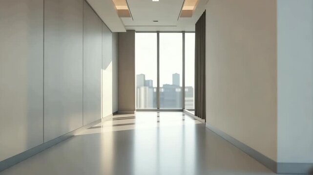 Modern office space walkthrough with city view bathed in natural light minimalist interior design with polished floor