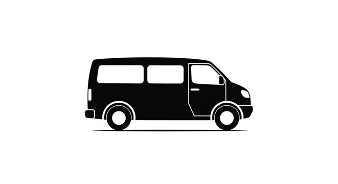 A sleek black silhouette vector graphic icon of a generic passenger van or minibus shown in a side view, perfect for digital design projects related to transport.