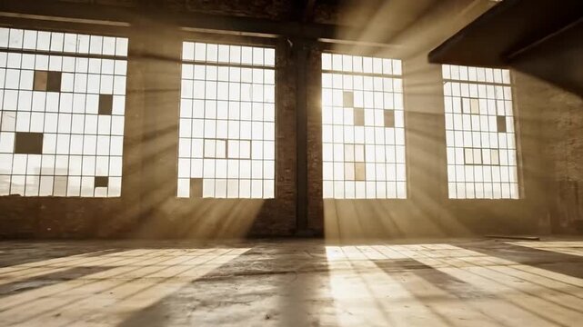 Abandoned Industrial Building with Sunlight Streaming Through Windows.