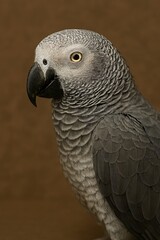 A close-up portrait of a parrot with gray feathers and a black beak looking to the side