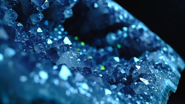 Mesmerizing close up view of an amethyst geode with crystalline structures sparkling against a dark backdrop
