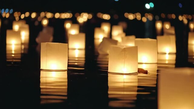 Many glowing paper lanterns float on dark water at night reflected lights