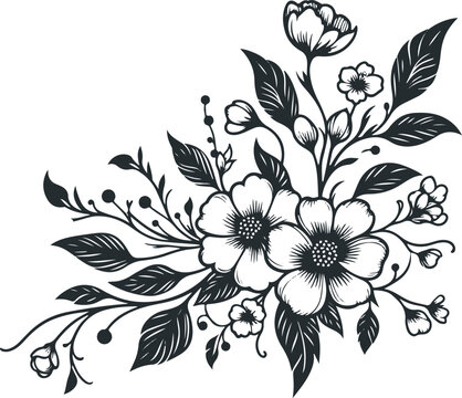 Elegant floral bouquet with blooming flowers and leaves black and white botanical line art illustration