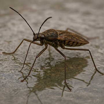 Water Strider Insect Standing on Wet Surface Close-up View