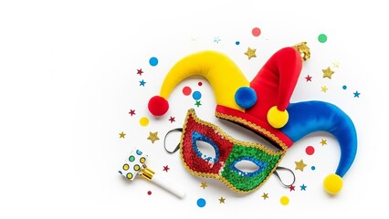 Naklejka premium Carnival jester hat and sequined mask on white background with confetti. Festive masquerade party elements arranged on a clean surface.