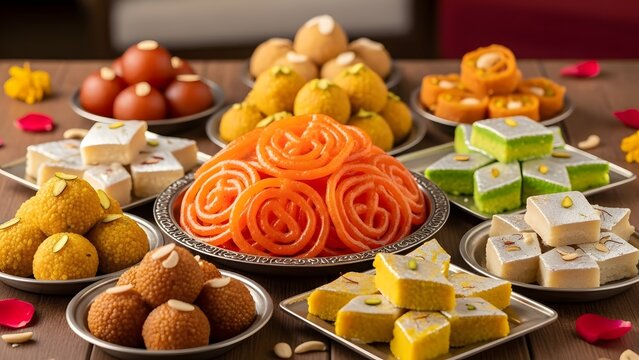 Assorted traditional indian sweets displayed on a festive spread