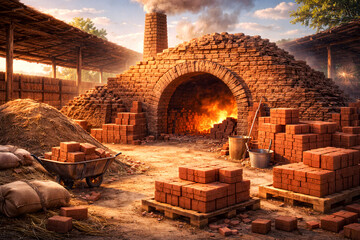 Traditional Red Brick Kiln Factory with Burning Fire and Stacks of Bricks