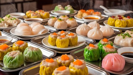 Fototapeta premium Assorted traditional dumplings and sweet pastries displayed on trays