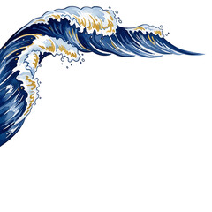 Dynamic Blue Ocean Wave with Gold Splashes