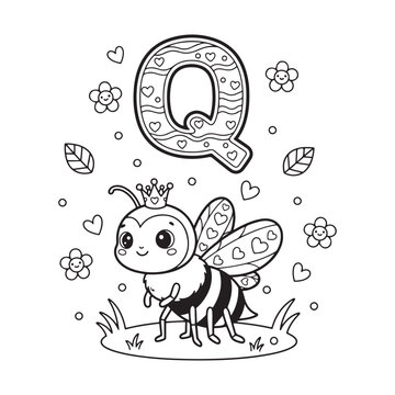 Q is for Queen Bee Kawaii Insect Coloring Page for Kids Bold Outline Smiling Line Art