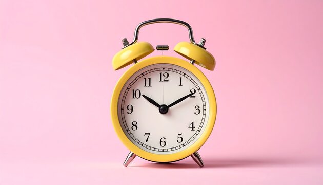 Yellow alarm clock with bells on light pink background. Time display showing ten o'clock