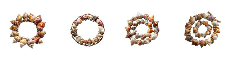 Obraz premium Circular Wreaths Made of Various Seashells and Twine isolated on transparent background