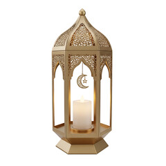 Elegant Gold Islamic Lantern with Candle and Crescent Moon Charm