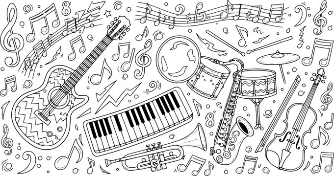 Hand drawn doodle set of musical instruments in a seamless pattern vector illustration featuring vintage music sketches and art icons