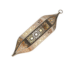 Elongated Moroccan lantern with intricate golden star patterns, warm glow
