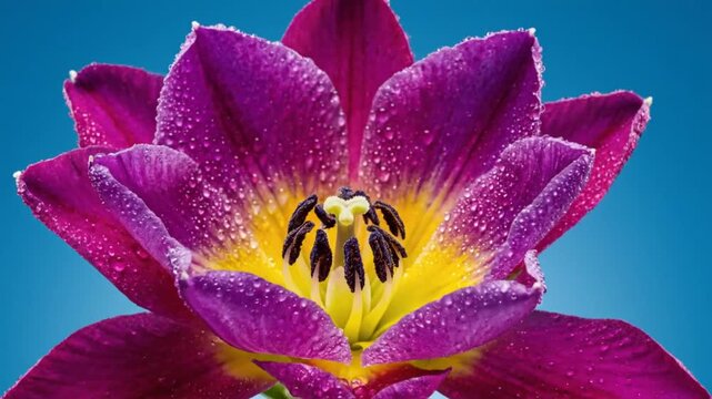 Time-lapse of vibrant purple tulip blossoming against a vivid blue background, revealing its inner beauty and structure