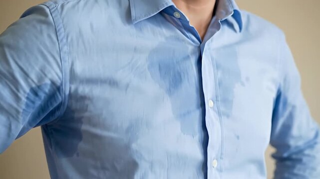 Man in Light Blue Collared Dress Shirt with Large Sweat Stains Under Arms and Chest in Warm Environment on Neutral Background Standing with Hands on Hips and Wearing Wristwatch
