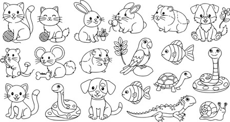Funny set of cartoon rabbit doodles and pet animal icons in a seamless vector sketch pattern for baby comic art