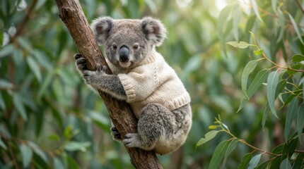 Fototapeta premium A koala resting on a tree branch in a lush forest, viewed from a slight angle