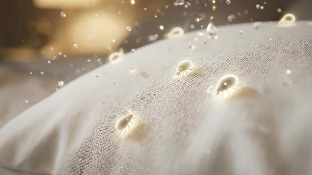 Microscopic Dust Mites Crawling On A White Textured Pillow With Water Droplets And Sparkles In Soft Warm Bedroom Lighting With Blurred Background