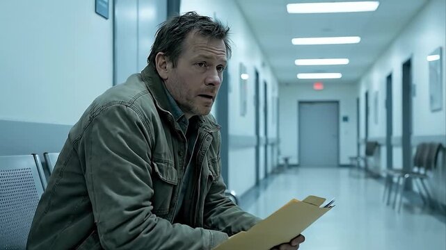 Middle Aged Man Wearing A Green Jacket And Blue Jeans Sits In A Hospital Waiting Room Reading A Manilla Folder With A Somber Expression Under Fluorescent Lighting