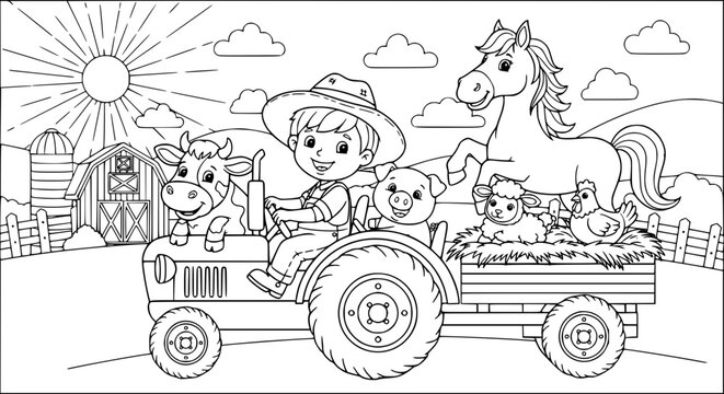 A funny cartoon vector illustration of a cat and bear driving a horse and carriage on the road for a children's travel coloring book drawing