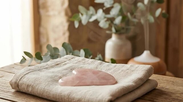 Serene spa setting with a pink rose quartz gua sha tool resting on a textured beige linen cloth positioned on a rustic wooden table with blurred background elements of a white ceramic vase