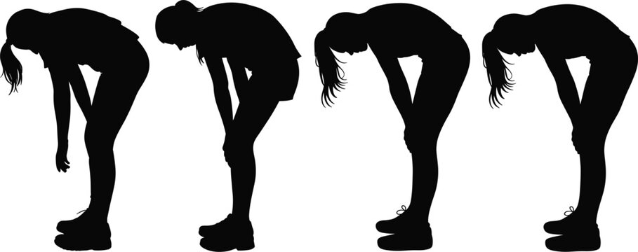 Four black silhouettes of a woman bending over with hands on knees on a white background leaning