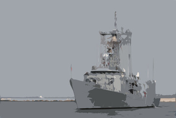 Fototapeta premium GUIDED MISSILE FRIGATE - Warship Oliver Hazard Perry class sailing to the sea port