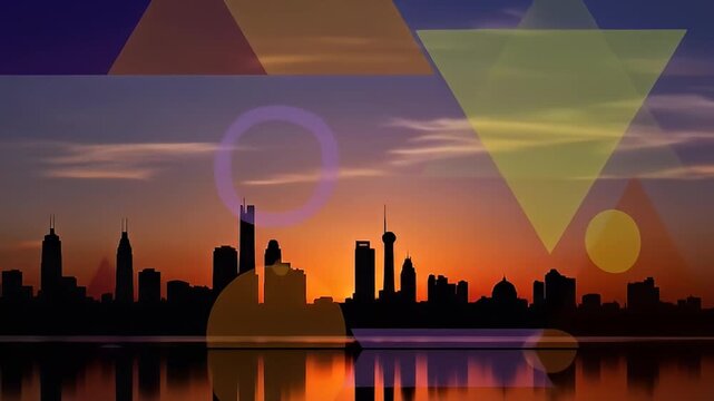 A city skyline silhouette against a sunset with geometric overlays and water reflection