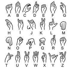 Detailed hand-drawn illustrations of sign language alphabet letters A to Z on a clean white background. © Arpita