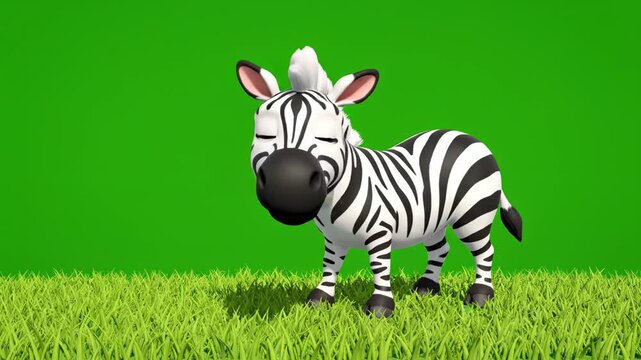 Animated Cartoon Zebra Character Grazing, Smiling, and Moving on Green Screen Background