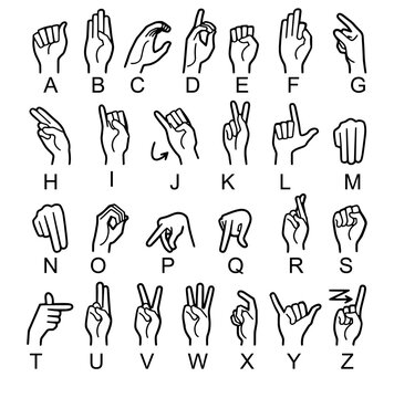 Detailed hand-drawn illustrations of sign language alphabet letters A to Z on a clean white background.