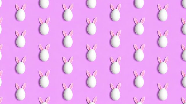 Seamless pattern of white Easter eggs with pink bunny ears on a pastel purple background