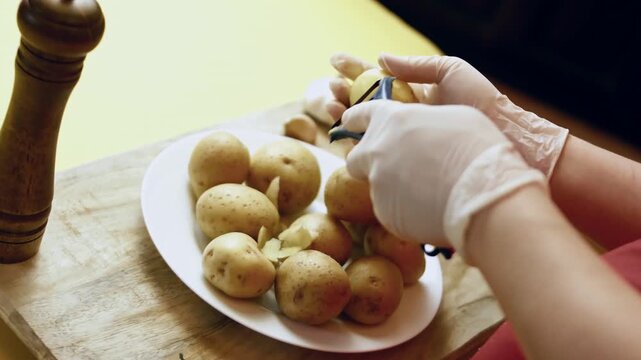 A set of potatoes are being peeled using a vegetable peeler while the person wears protective gloves