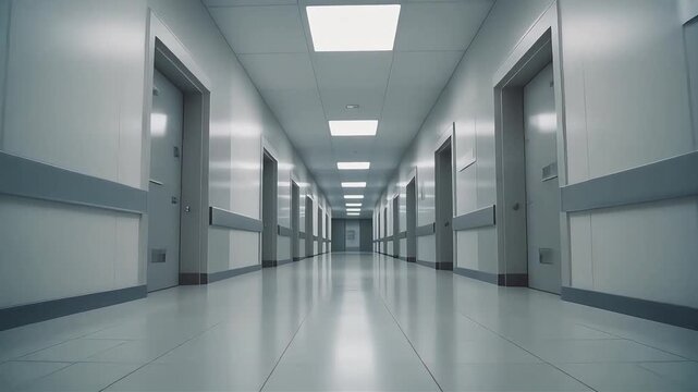 Slow tracking shot forward through a long hospital hallway smooth glide motion clean lines subtle reflections pristine surfaces no people present