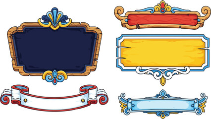 Cartoon colorful blank wooden banners and signboards vector set