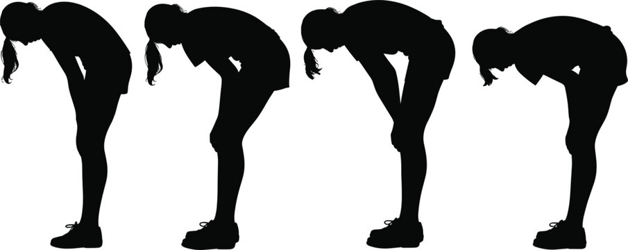 Silhouette of a young woman bending over with her head down in four different poses girl female