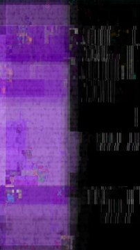Gritty Vertical Glitch Digital Transition, Digital glitch effect with purple and black hues, showcasing distorted lines and pixelation ideal for dramatic cuts.