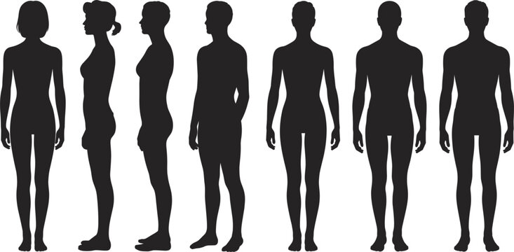 Silhouette of multiple human figures in various poses and genders on white people group
