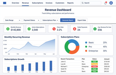 Revenue and Subscription Billing Dashboard UI Design with Analytics and SaaS Admin Panel