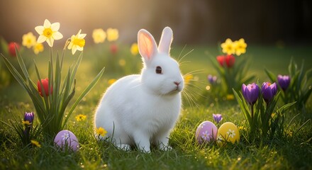 Fototapeta premium A serene white rabbit amidst vibrant spring flowers in a sunlit meadow