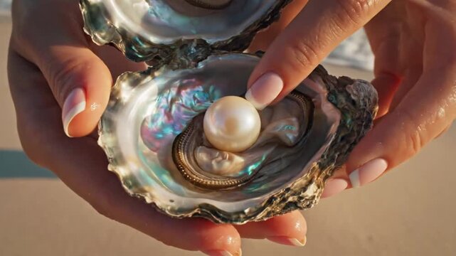A Hand Unveils a Lustrous Pearl Within an Oyster