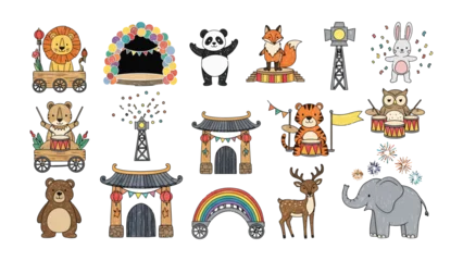 Fotobehang Zoo Whimsical Menagerie: A vibrant and joyful illustration showcasing a delightful array of charming animals, each with its unique character. The scene bursts with color.  © hafs121