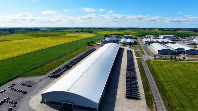Aerial view of large industrial farm buildings and fields on a sunny day with blue sky