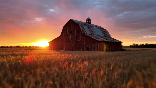 Sunset Over Golden Wheat Field With Barn.