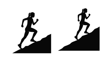 Obraz premium Two women running uphill depicted as a stark black silhouette